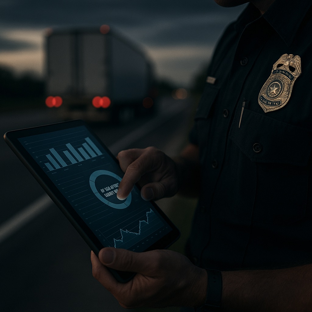 Florida FHP trooper using RegLogic on tablet during roadside inspection